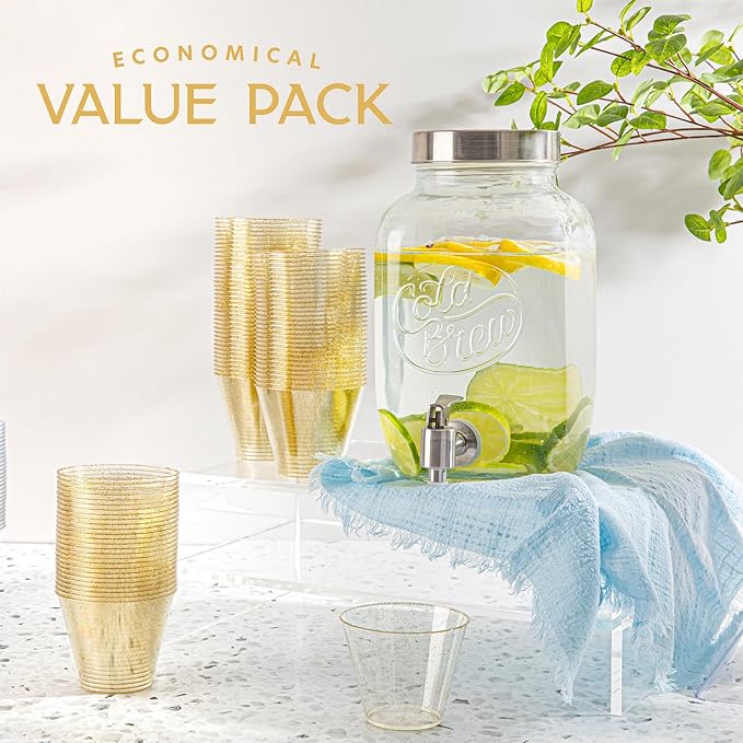 PLASTICPRO 9 oz Disposable Plastic Party Cups,Old fashioned Designed Tumblers, Gold Glitter 200 Count,