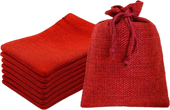 Mandala Crafts 4X6 Inch Red Burlap Drawstring Gift Bags for Favors - 30 Small Linen Sacks Gift Pouches for Candy, Coffee, Jewelry, Wedding, and Party Supplies