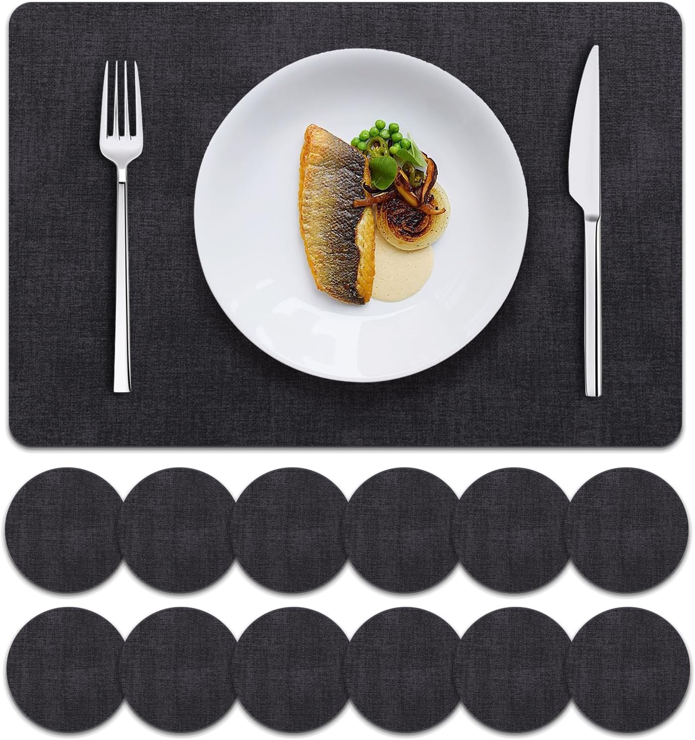 MOSAYT Faux Leather Placemats Set of 12, Heat Resistant Vinyl Place Mats with Coasters, Wipeable Washable 100% Waterproof Oil Proof Table Mat for Kitchen Dining Party Indoor Outdoor, 12" x 18", Black