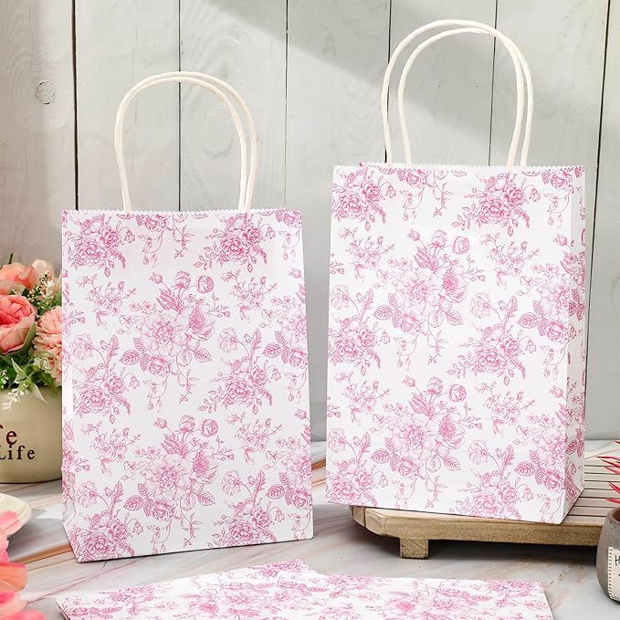 JarThenaAMCS 24Pcs Pink Floral Paper Bag Vintage Flower Candy Treat Bags with Handles Chinoiserie Grocery Shopping Bag for Birthday Wedding Party Favors Supplies