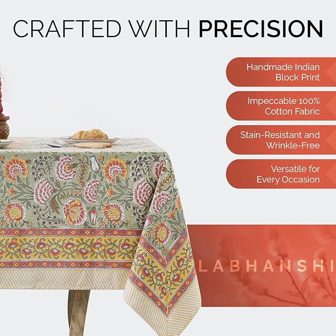 Labhanshi Indian Hand Block Print Rectangle Table Cover for Kitchen Dining Table|6 Seater Picnic Camping Outdoor Cotton Fall Table Cloth|Spring Easter Table Cloth Decor 60 X 90 Inches Burnt Orange