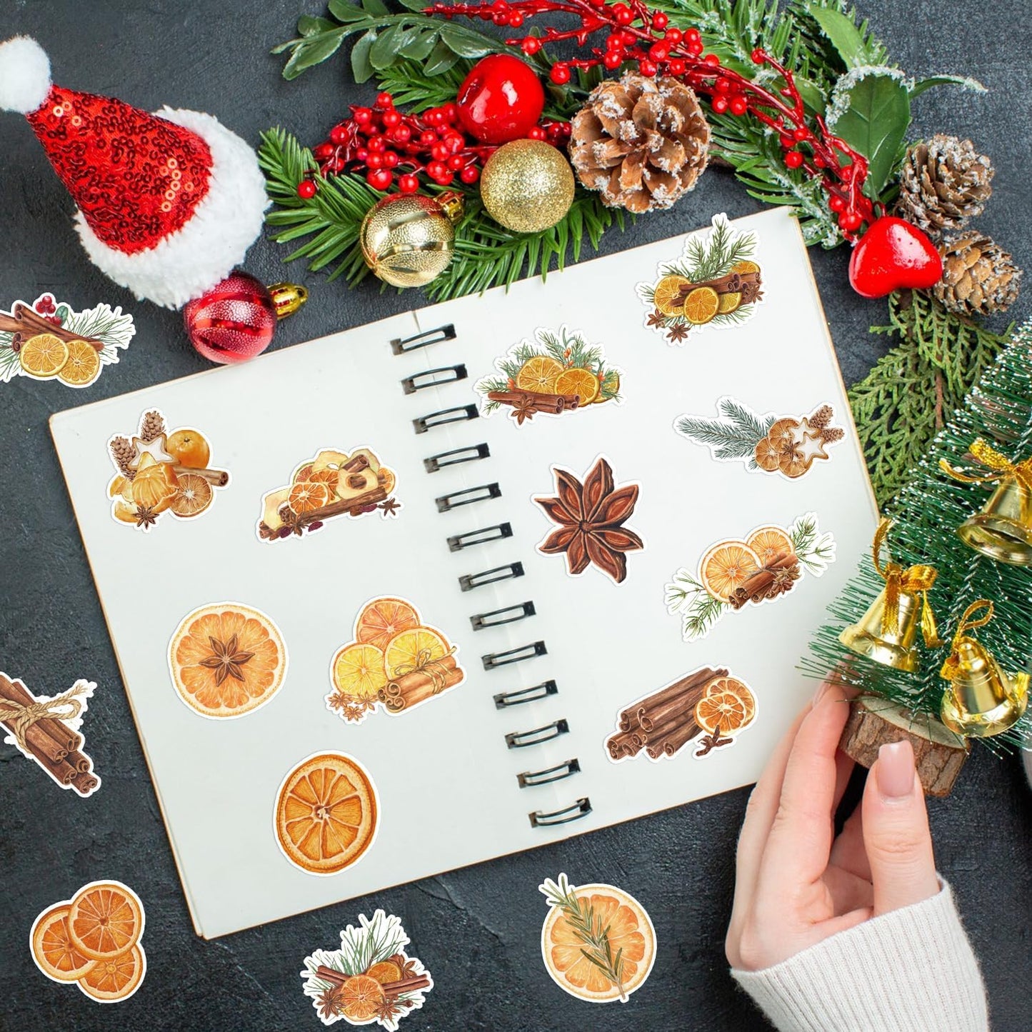 Christmas Watercolor Orange Sticker - 16 Dried Orange Designs Waterproof Vinyl with Removable Adhesive for Gift Wrapping, Scrapbooking, Kids Crafts, Water Bottle Laptop Decor Party Favors