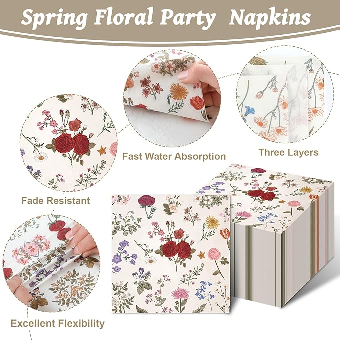OBUSATT 96Pcs Wild Floral Party Supplies Wild Floral Paper Plates Napkins Spring themd Flowers Party Decorations Tea Dinnerware Favor Birthday Wedding Bridal Shower Baby Shower Tableware Serves 24
