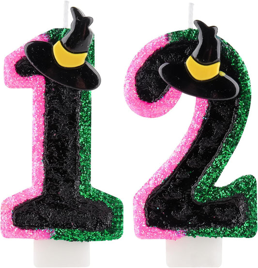 Birthday Number 12 Candles for Cake, Pink Green Black Party Decorations, Witch Birthday Party Decorations for Girls, Pink Green Birthday Candles, Cake Candle, Party Candle