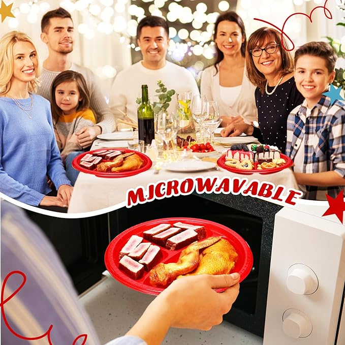 50 Pcs 10 Inch Plastic 3 Compartment Divided Plates Heavy Disposable Plates Duty Round Dinner Plates with Dividers for Wedding Birthday Party Dinnerware(Red)