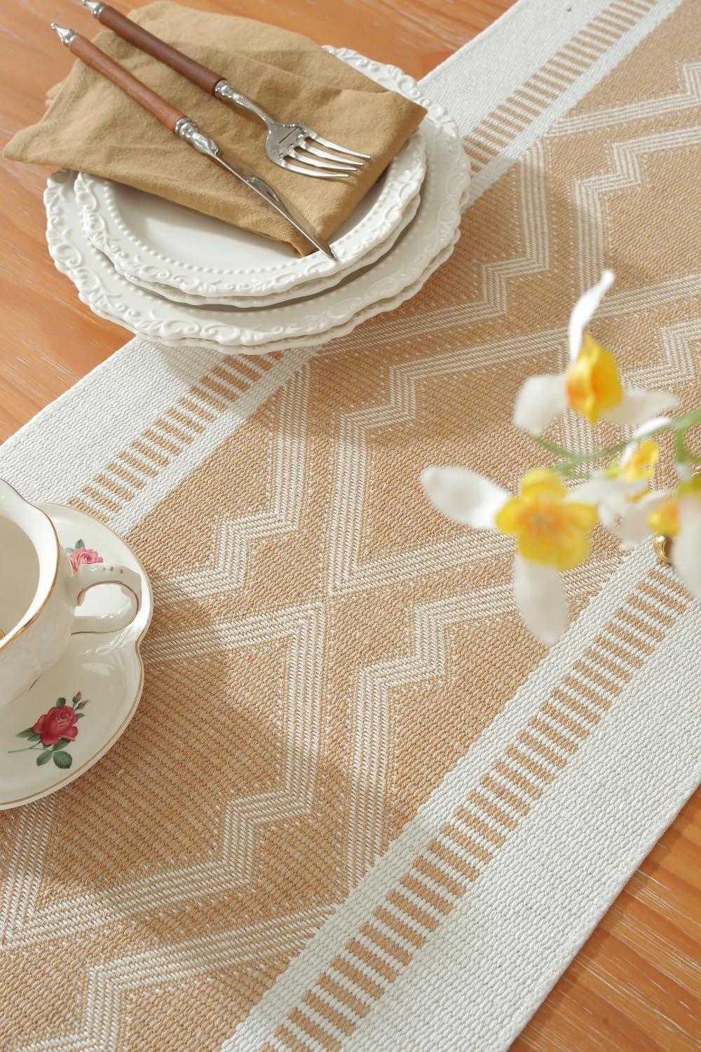 Boho Table Runner ， Natural Cotton Woven Khaki Runner，for Modern Farmhouse Decor, with Tassels for Home Dining Table Decor 14 x 90 Inch Long