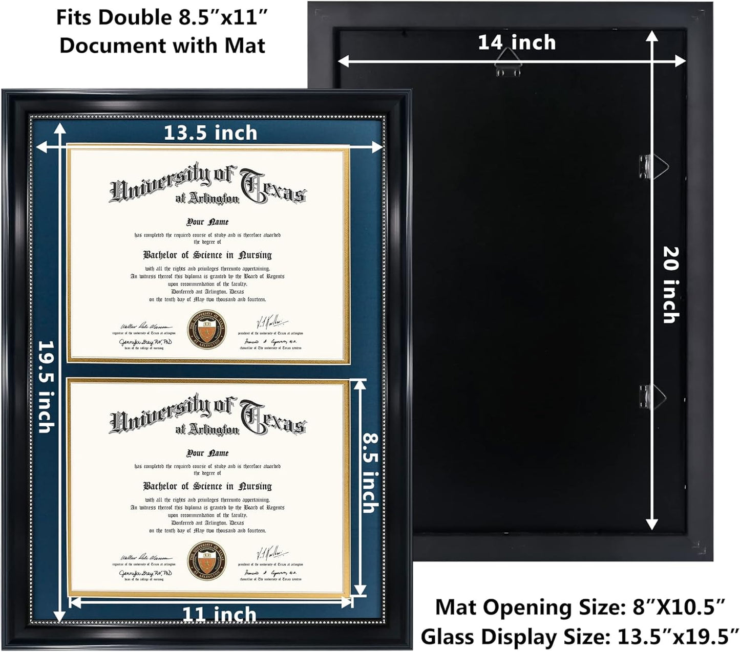 GraduationMall 14x20 Double Diploma Frame, Display 8.5x11 Certificate with Navy over Gold Mat,UV Protection Acrylic,Black with Silver Beads