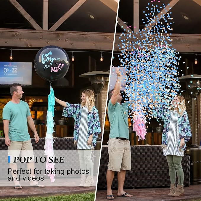 Disfore Thickened Gender Reveal Balloon - 2pcs Gender Reveal Confetti Balloons with Pink and Blue Confetti – 36 Inch Black Gender Reveal Balloons Perfect for Taking Photos and Videos