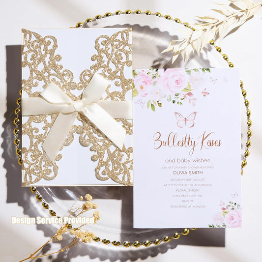 50Pcs Glitter Floral Laser Cut Wedding Invitation Cards with Envelope Blank Inner Sheet and Ribbon for Wedding Engagement Bridal Shower Party Invite(7.09 X 4.92inch, Rose Gold)