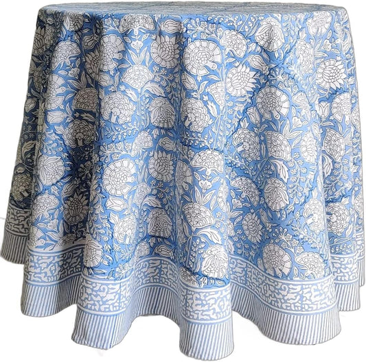 ATOSII Azora Blue 100% Cotton Round Spring Tablecloth, Handblock Print Floral Table Cloth for Kitchen Dining Linen I Parties, Weddings, Outdoors, Easter Holidays I 60" Inches Round
