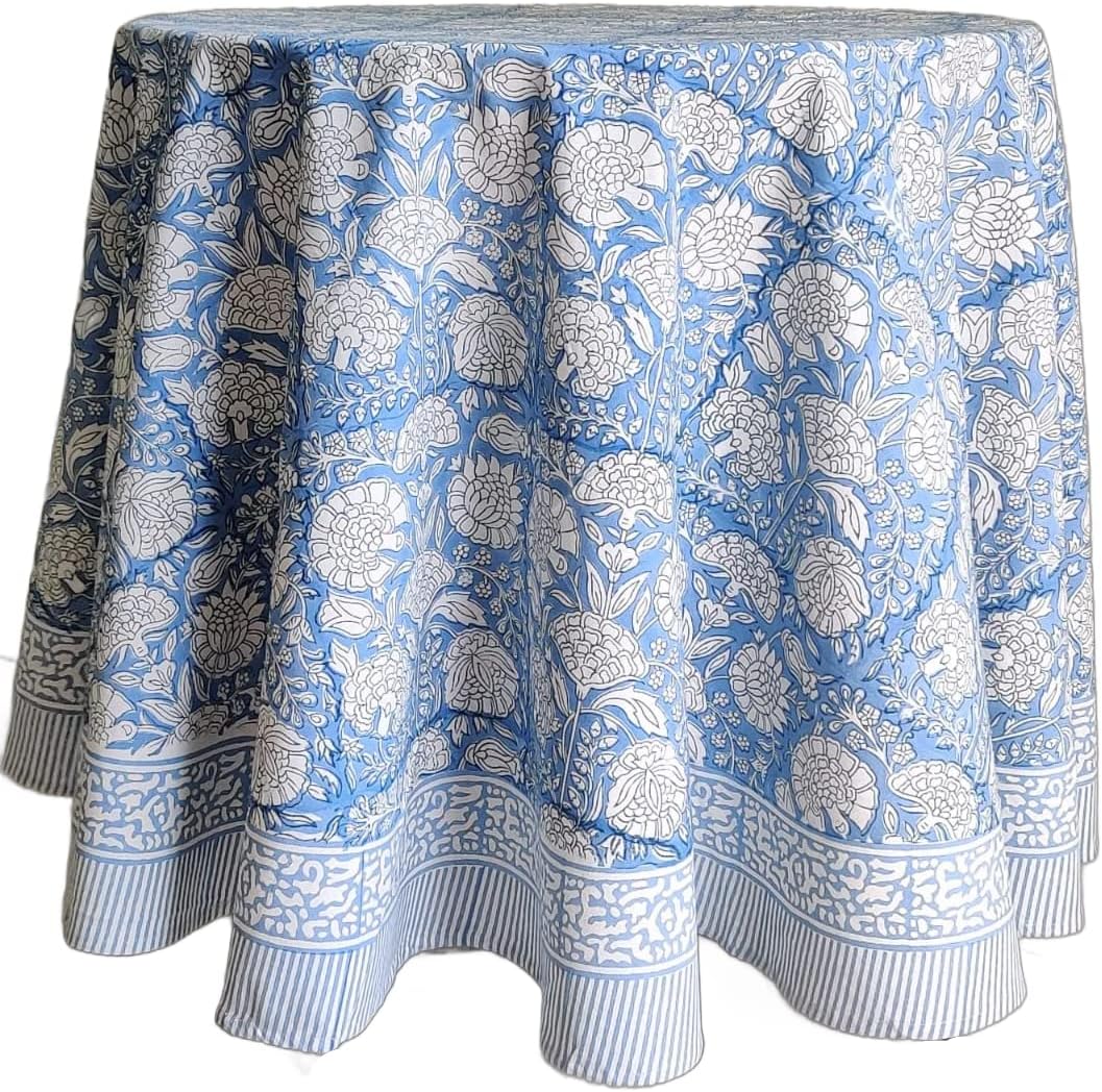 ATOSII Azora Blue 100% Cotton Round Tablecloth, Handblock Print Floral Table Cloth for Kitchen Dining Linen I Parties, Weddings, Outdoors I 90" Inches Round