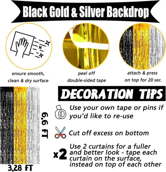 4 Pack 3.2Ft x 6.6Ft Black Gold Silver Fringe Curtain Backdrop, Metallic Tinsel Foil Fringe Streamers Curtains Background for Wedding Notorious One Birthday Roaring 20s Graduation Party Decoration