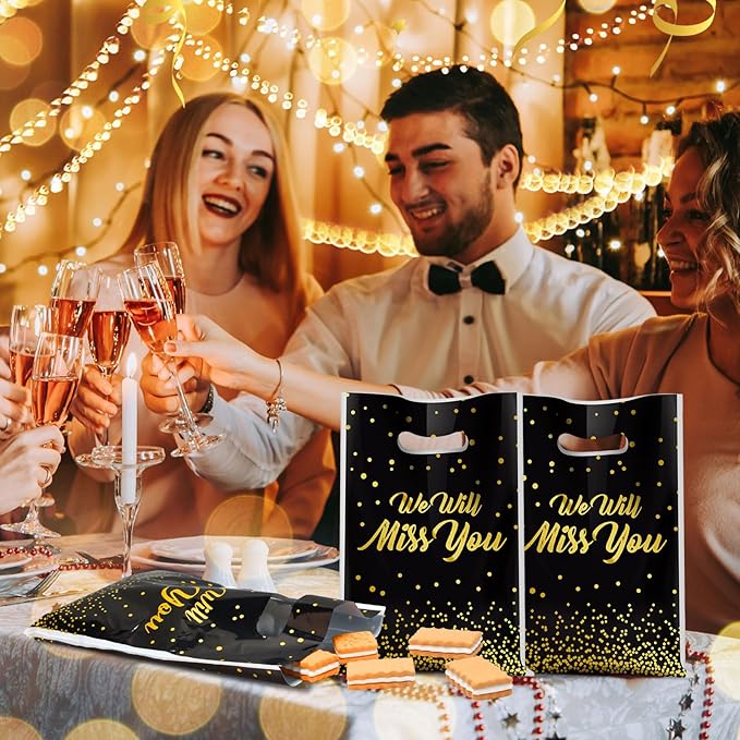 Supervitae 100 Pcs We Will Miss You Graduation Plastic Gift Bags Farewell Going Away Party Favor Bag Bulk with Handles for Birthday Graduation Farewell Snacks Goodie Candy Treat Leaving Party Supplies