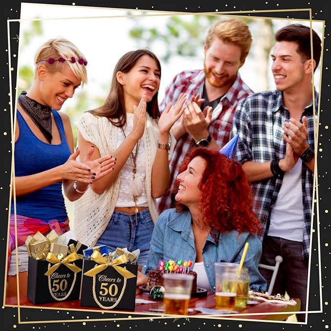 Moinchore 30 Pcs Black Gold 50 Birthday Paper Gift Bags Bulk 5.5 x 4.7 x 2.5 in Mini Cheers to 50 Years Favor Bags with Handles Bow Ribbon Wrap for Birthday Anniversary Wedding Day Party Supplies