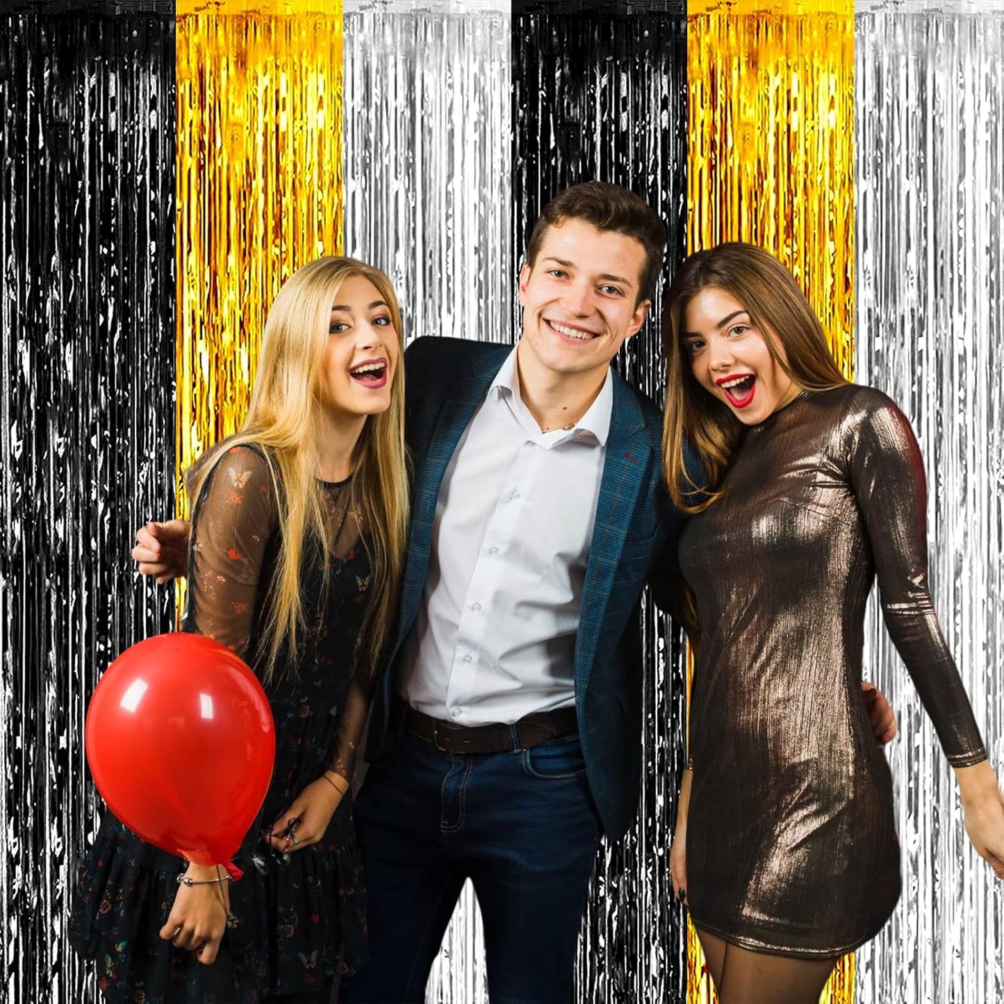 4 Pack Black Gold Silver Foil Fringe Curtain Backdrop, 3.28Ft x 6.56Ft Metallic Tinsel Foil Fringe Streamers for Photo Booth, Wedding, Notorious One Birthday Roaring 20s Graduation Party Decoration