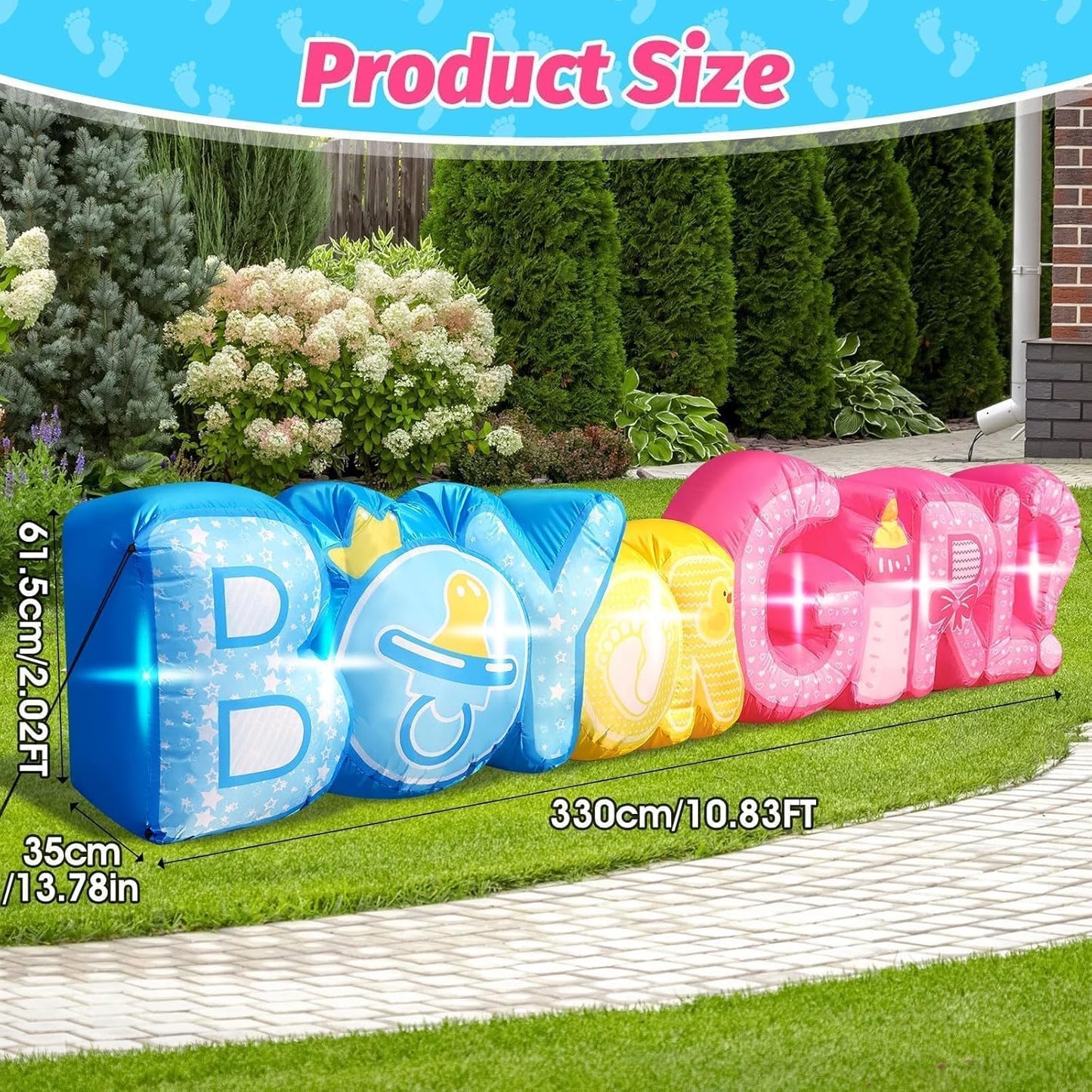 11FT Length Baby Gender Reveal Inflatable Decorations Boy or Girl Yard Signs with 7 LED Lights Pink Baby Shower Centerpieces Birthday Party Supplies