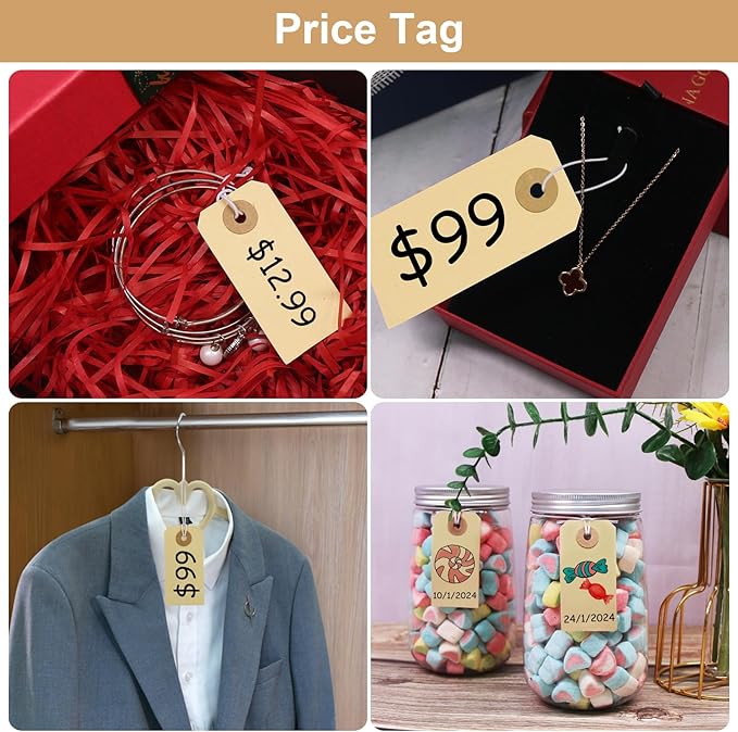 Manila Paper Tags with Elastic String - Coideal 200 Pcs Small Hang Price Tags Attached Reinforced Hole, Blank Marking Shipping Tags Label for Hanging Gift Clothing Jewelry (2 3/4" x 1 3/8")