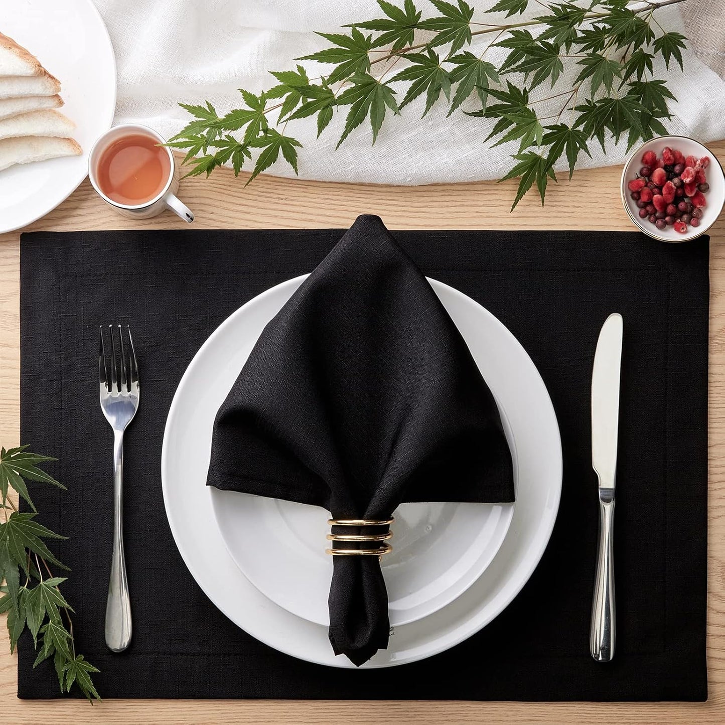 Mebakuk Cloth Placemats, Machine Washable Linen Style Thick Place Mats, Heat Resistant and Easy to Clean Fabric Table Mats for Kitchen Dining Table (Black, Set of 4)