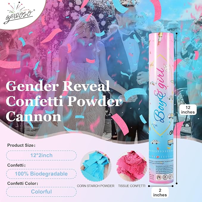 Gender Reveal Confetti Cannon,2 Blue 2 Pink Safty Corn Powder Smoke Party Poppers Shoots 20-25ft,12 inch Upgrade Firmware Baby Shower Gender Reveal Party Supplies