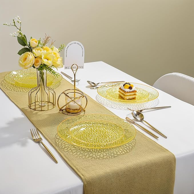 Rubtlamp 60Pcs Yellow Gold Plastic Plates, Yellow Disposable Plates With Gold Rim, Clear Heavy-duty Party Supplies, Hammered Plastic Plates Include 30 Dessert Platos, 30 Dinner Platos for Easter