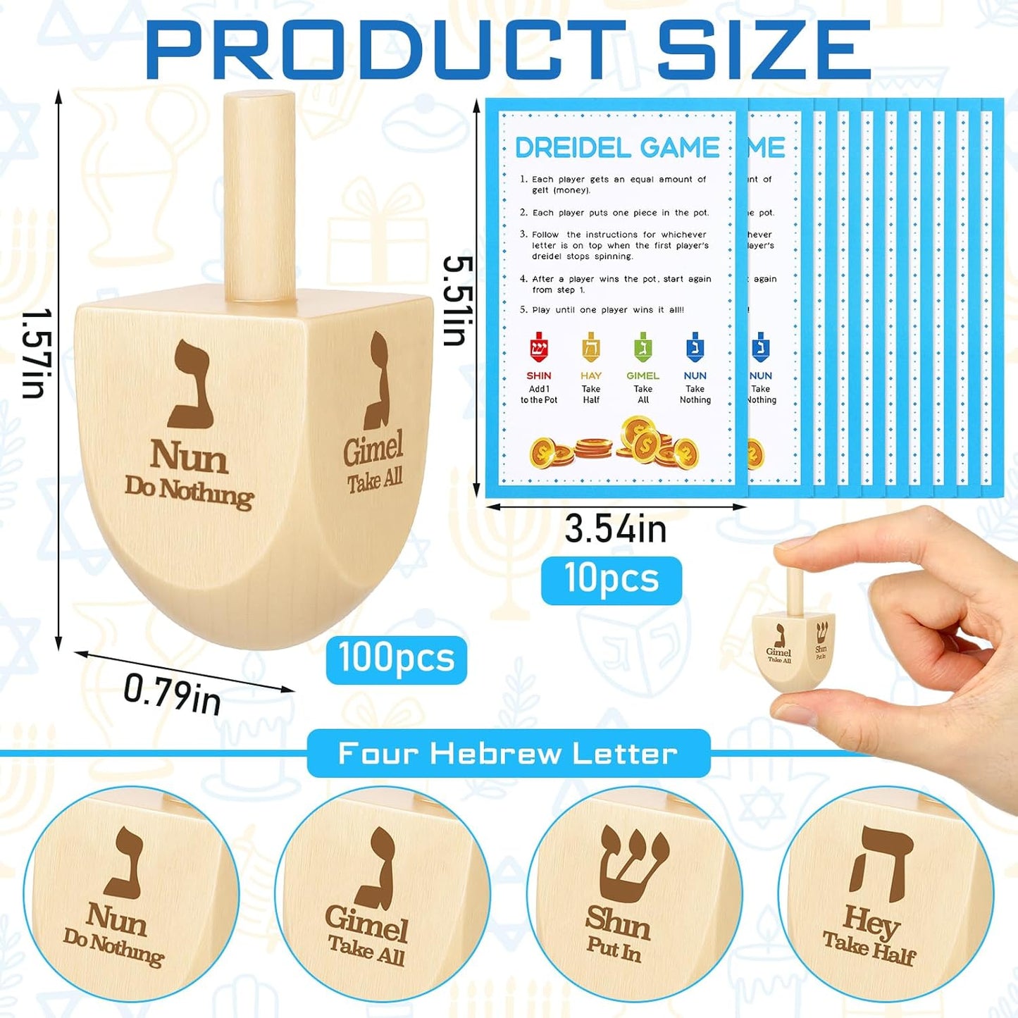 Wettarn 100 Pieces Hanukkah Dreidels Bulk Wooden Hanukkah Dreidels with Game Instruction Cards for Party Game(Size 1,Basic Style)
