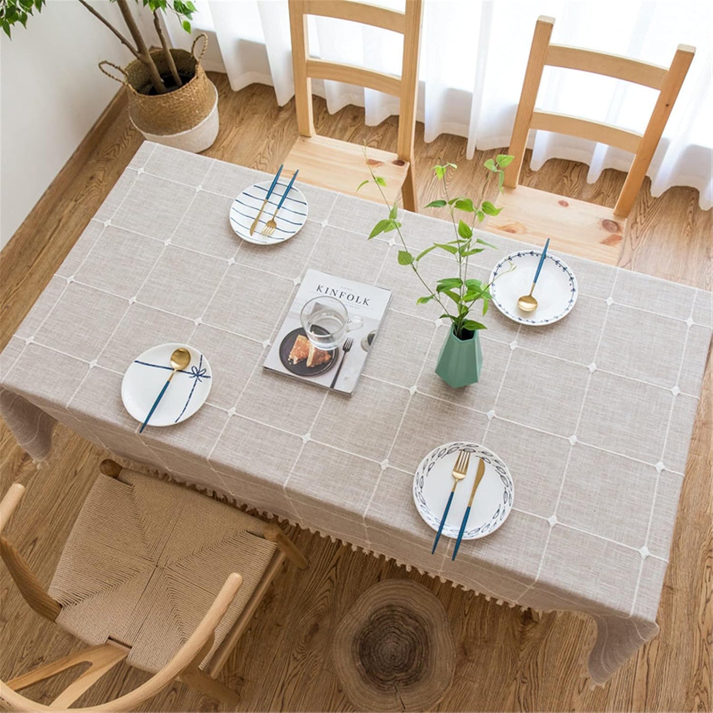 Cotton Linen Tablecloth, Tassel Stitching Table Cloth, Wrinkle Free Farmhouse Table Cover for Kitchen Dining, Party, Holiday (Rectangle, 55''x70'', 4-6 Seats, Plaid Beige)