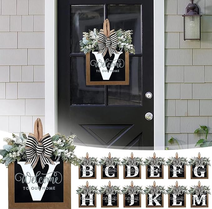 Last Name All Year Round Front Door Wreath with 26 Initial Letter Welcome Sign All Seasons Eucalyptus Garland and Bow ，Farmhouse, Porch, for Spring Summer Fall All Seasons Holiday Halloween Christmas. (V)