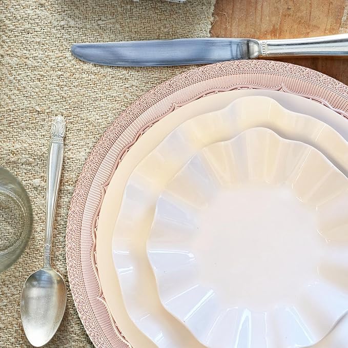 13" Foil-Pink Charger Plates, Lace Embossed Elegant Charger Plate Set of 6, Round Server Ware Chargers for Dinner Plate, Reusable Bulk Table Setting for Party or Event