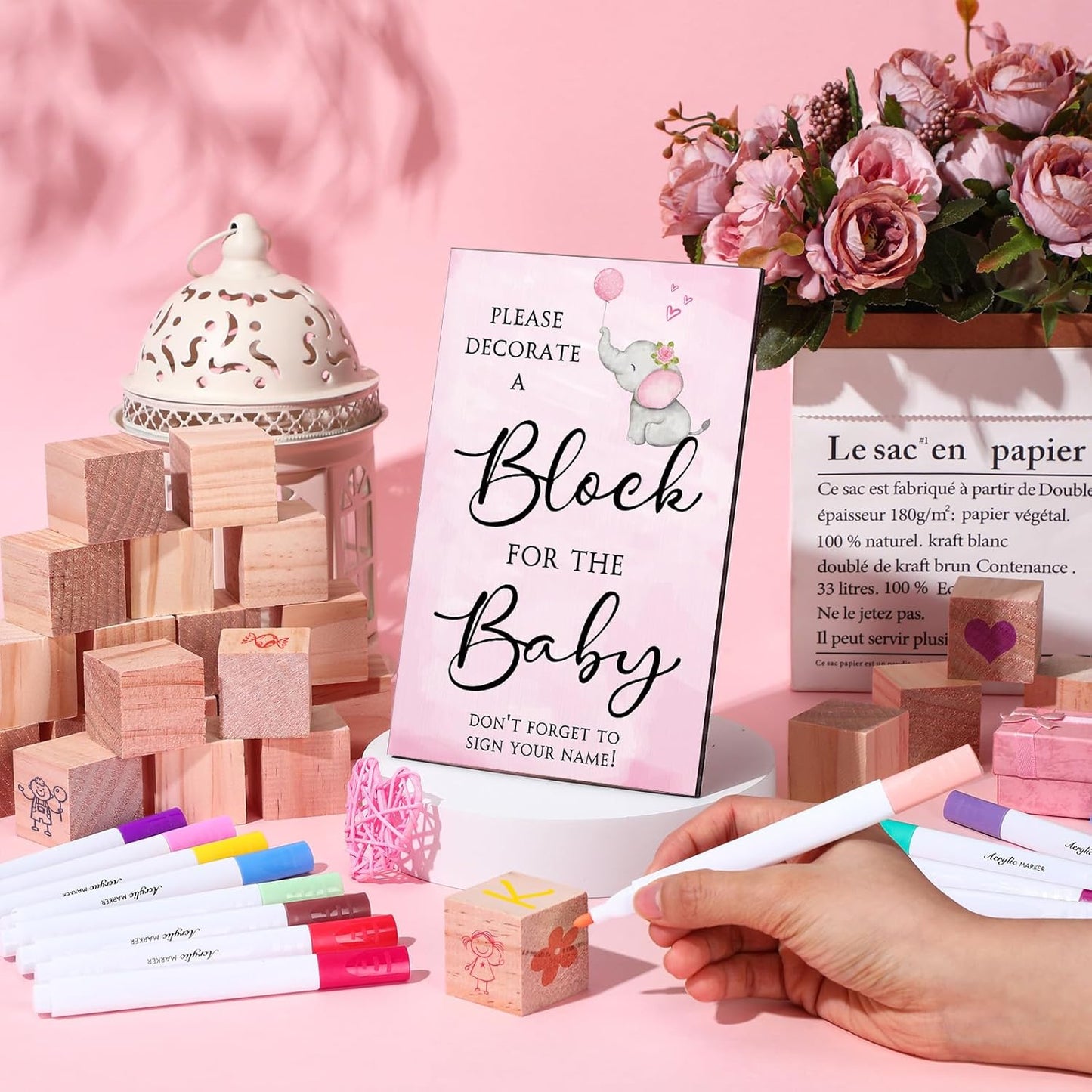 Tatuo 75 Pcs Baby Shower Games Sign Kit Including Decorate a Block Game Sign 50 DIY Wooden Block 24 Acrylic Paint Marker Baby Shower Prize for Gender Reveal Party(Elephant)