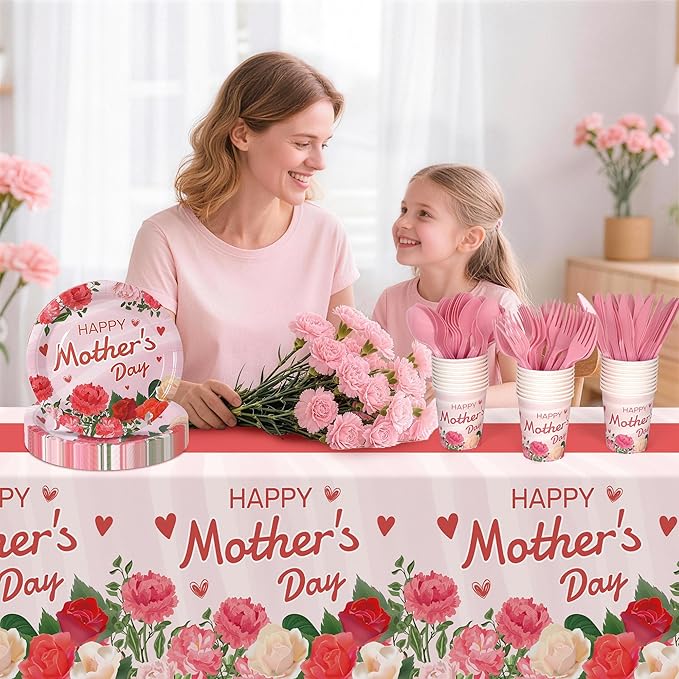 Childom Mothers Day Decorations for Party,132 Pcs Disposable Mothers Day Plates Tablecloth Cups Knives Spoons Forks for Party Supplies,Plates Tableware for Moms Birthday,Home,Brunch,Dinner,Serves 26