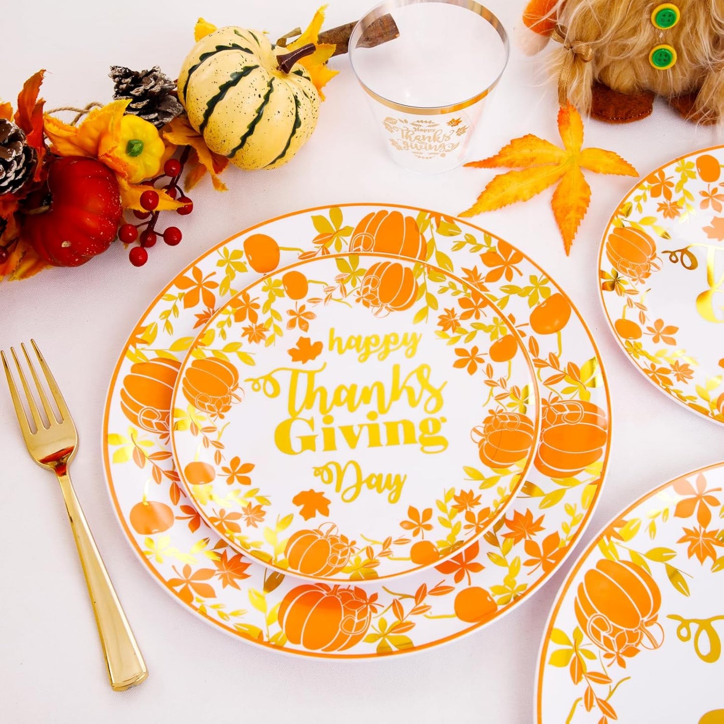 Supernal 175pcs Thanksgiving Plastic Dinnerware Set,Disposable Plates with Gold Plastic Silverware and Cups,Pumpkin and Maple Leaf Design for Thanksgiving Day Party