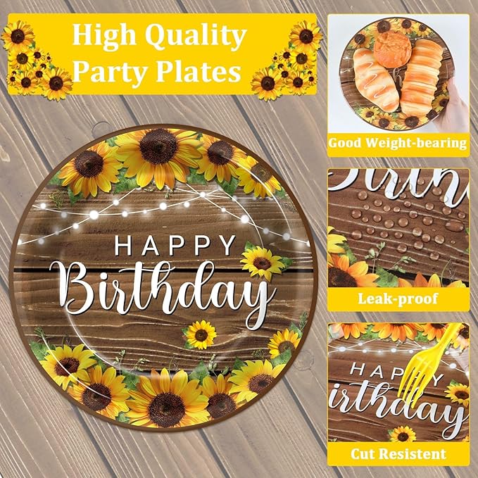96Pcs Sunflower Birthday Party Supplies Sunflower Birthday Paper Plates Napkins Wood Grain Themed Party Decorations Wood Grain Dinnerware Party Favor Tableware Serves 24