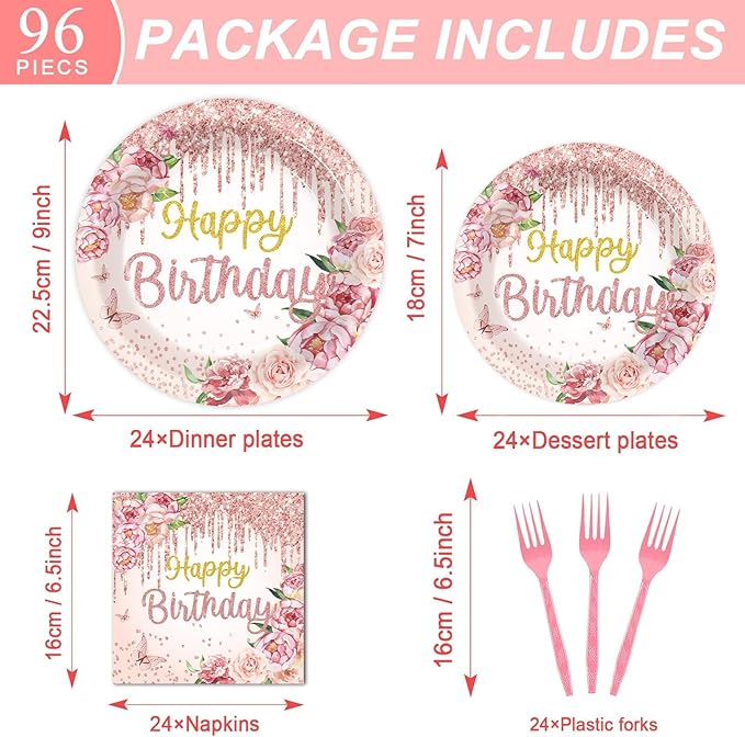 96Pcs Happy Birthday Party Supplies Floral Birthday Paper Plates Napkins Rose Gold Flower Birthday Party Decorations for Girls Women Floral Dinnerware Party Favor Spring Tea Tableware Serves 24