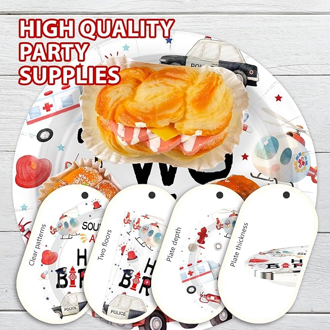 Grencian 96pcs Emergency Vehicle Birthday Party Decorations Fire Truck Plates and Napkins Ambulance Tableware Police Car Dinnerware for Kids Boys Girls Emergency Vehicle Birthday Party Decorations