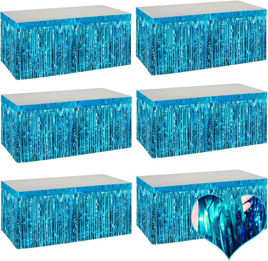 6 Pack 29x108 Inch Lake Blue Metallic Foil Fringe Table Skirts Banner for Tinsel Streamer Garland Curtains Backdrop for Parade Floats Wedding Baby Shower Birthday Christmas Halloween Party Decoration