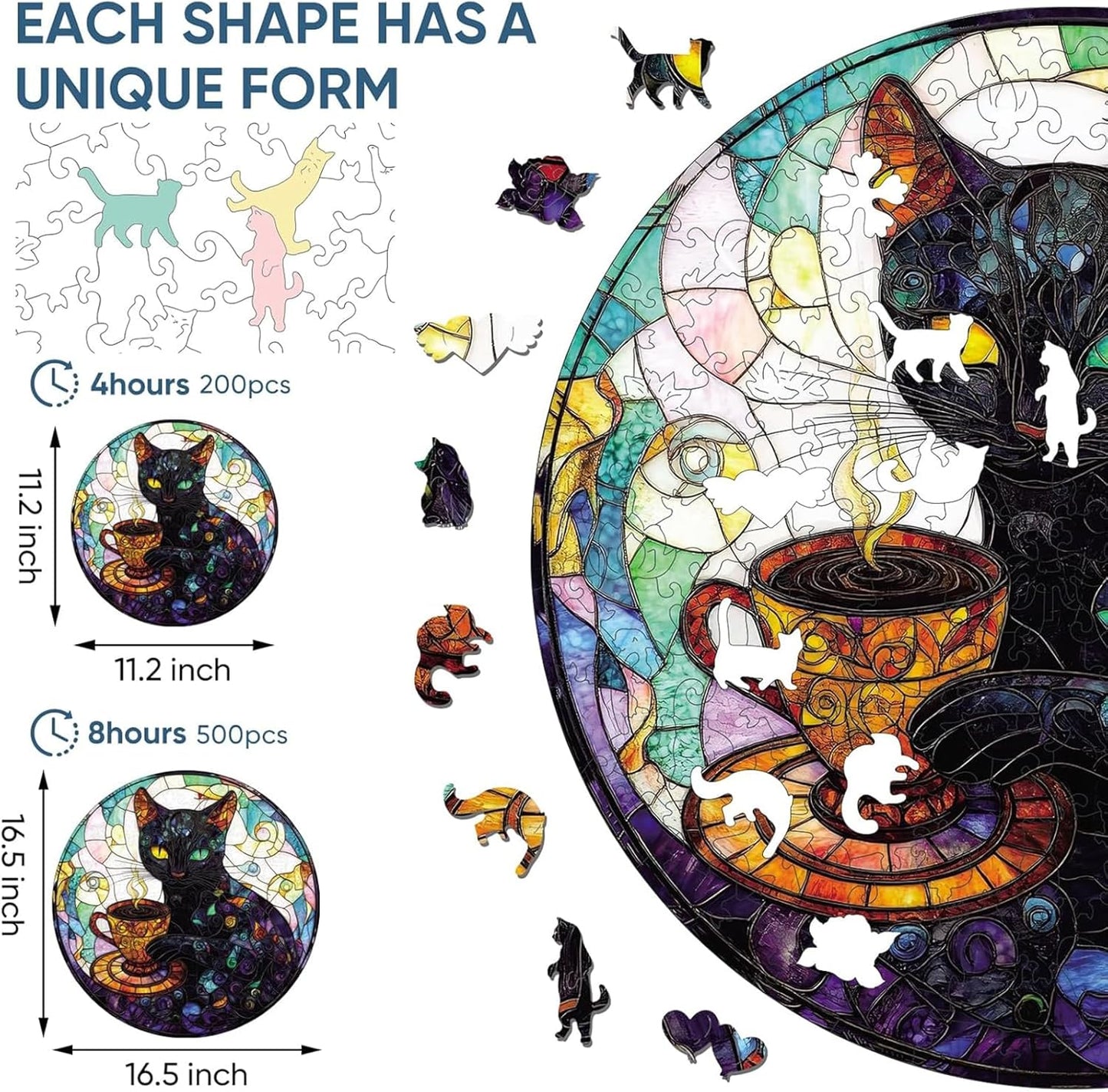 Reouinty Wooden Puzzles for Adults 500 Pieces, Halloween Black Cat Jigsaw Puzzles, Unique Animal Shape Wood Cut Puzzles Best Gift for Adults Family Game 16.5 x 16.5 in