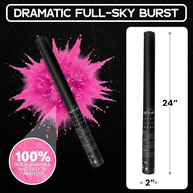 Ultimate Confetti – Handheld Gender Reveal Powder + Confetti Cannon 24” Pink – Non-Toxic Food-Grade Powder Cannon – Pre-Filled, Leak-Resistant Single-Use Cannon– 15–25 ft Outdoor Photo-Ready Explosion