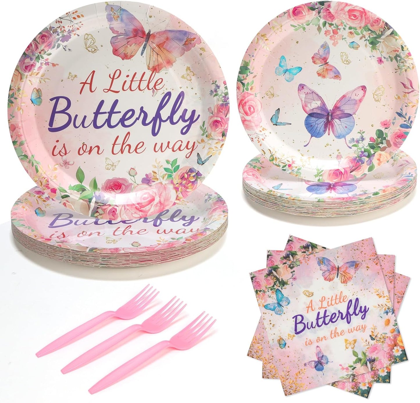 96pcs Butterfly Paper Party Plates, Napkins and Forks Pink and Purple Floar Disposable Tableware Set for 24 Guest Table Supplies for Tea Garden Party Kids Birthday Baby Bridal Shower
