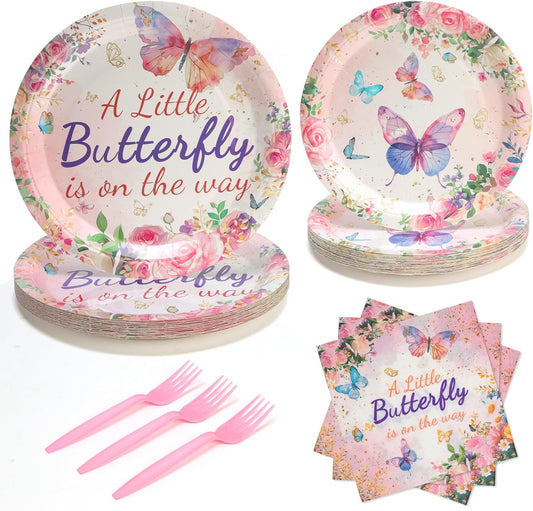 96pcs Butterfly Paper Party Plates, Napkins and Forks Pink and Purple Floar Disposable Tableware Set for 24 Guest Table Supplies for Tea Garden Party Kids Birthday Baby Bridal Shower