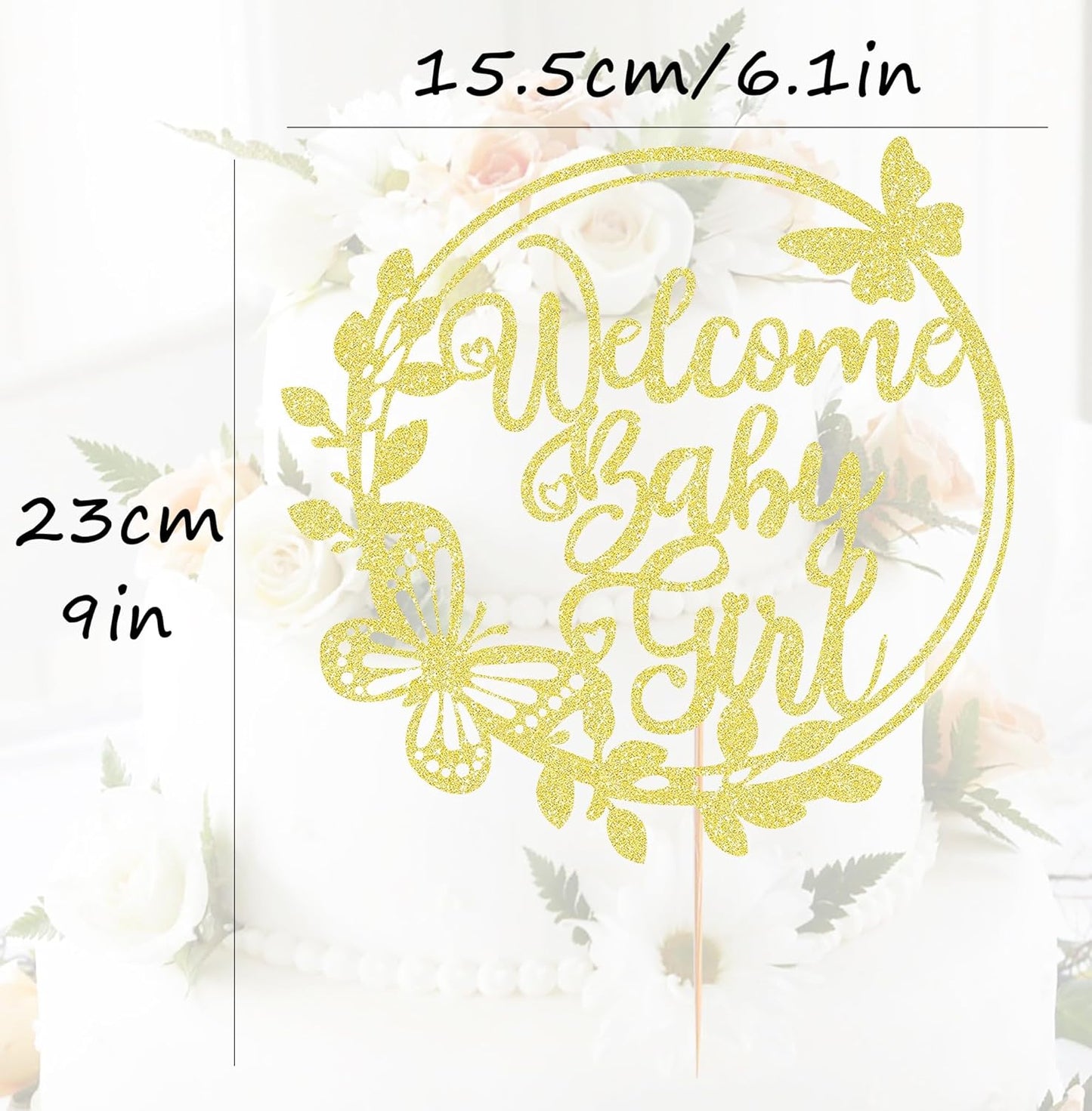 Welcome Baby Girl Cake Topper - Rose Gold Glitter Baby Shower Cake Decorations, Baby Girl Cake Topper, for Baby Shower/Birthday Party/Gender Reveal Party Photo Booth Props (Gold)