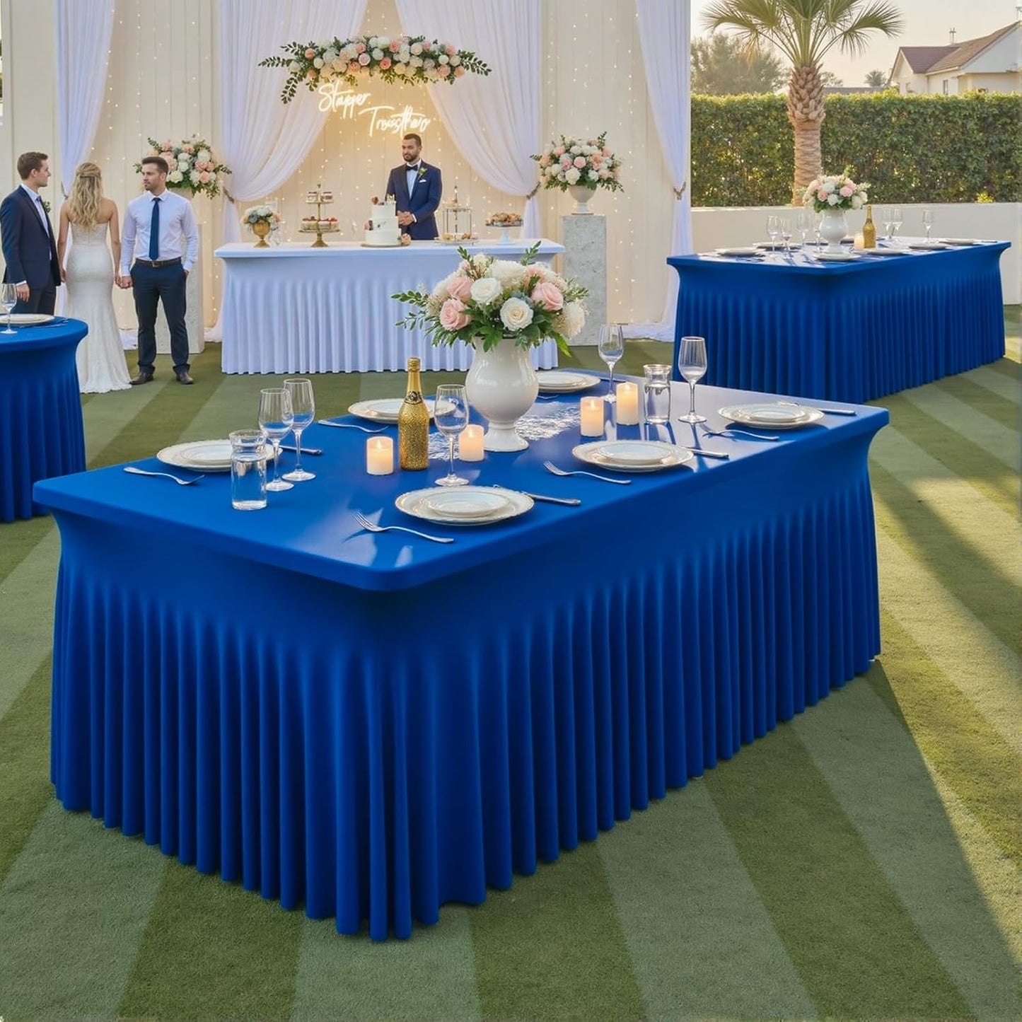 JCJ Table Skirt for Rectangle Tables Set of 2 Spandex Fitted Royal Blue Tablecloths for 6FT Tables, Wrinkle Resistant Ruffles Elastic Table Cover Skirts for Teacher Desk Weddings Banquets Parties