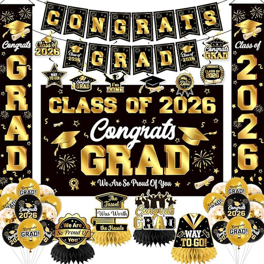Graduation Decorations Class of 2026 Black and Gold Party Decor Set include Congrats Grad Banner Graduation Backdrop Class of 2026 Balloons Party Supplies