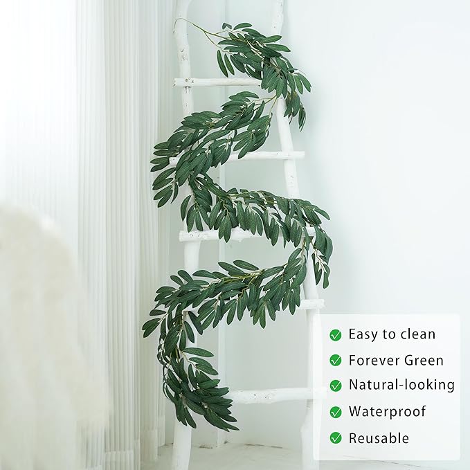 3 Strands Odorless Artificial Olive Leaf Vines, 73'' Silk Ivy Vine Garland with Green Leaves, Fake Hanging Plants Greenery Decor for Home, Bedroom, Wall, Party, Wedding Decoration.