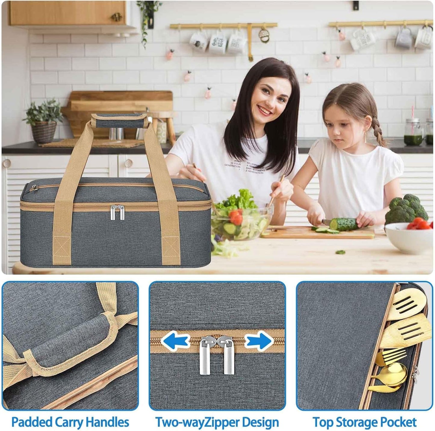 Insulated Casserole Carrier with Zipper Pockets, Casserole Carriers for Hot or Cold Food, Insulated Food Carrier for Parties, Picnics, Beach, Traveling, Fits 11 x 15 or 9 x 13 Baking Dish