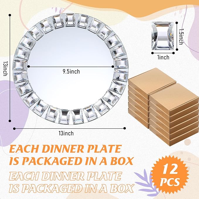 Suclain 12 Pcs Mirrored Glass Charger Plates 13 Inch Silver Mirror Plates Round Chargers for Dinner with Diamond Rim Settings for Wedding Birthday Party Events (Square Diamond Rim)