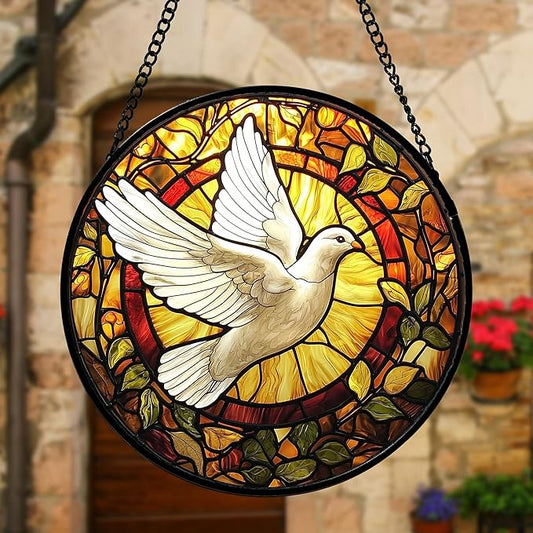 Stained Glass Window Hanging, Flying White Dove Sun Catchers Diamond Glass Panel Hangings Cute Birds Suncatcher Decor for Birthday for Women, Men, Wife, Aunt, and Mom 11.8 in