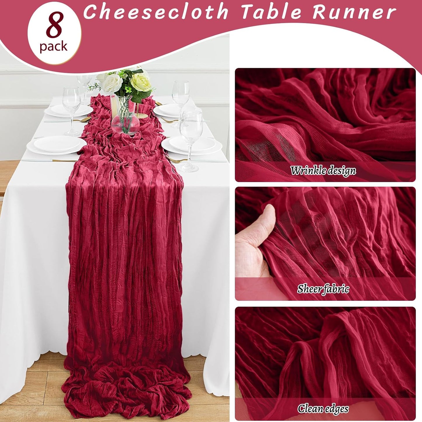 8Pack Burgundy Cheesecloth Table Runner 10FT Gauze Cheese Cloth Table Runner 35 x 120 Inch Long Boho Table Runners Rustic Sheer Table Runners for Wedding Bridal Baby Shower Decor