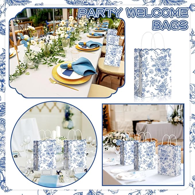 Kolldenn 24 Pcs Blue Floral Gift Bags with Handles Wildflower Party Favor Candy Treat Goodie Bags Scalloped for Birthday Decoration for Bridal Baby Shower Party Supplies
