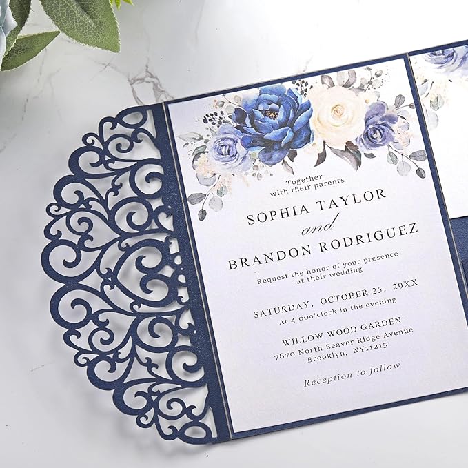 Dark Blue Invitations Envelopes 5x7 Custom Wedding Invitation Cards and Rsvp Cards Birthday Invitations Laser Cut Pocket Hollow Heart Shape for Party Invitations Engagement Sweet 16 Quinceanera 50PCS