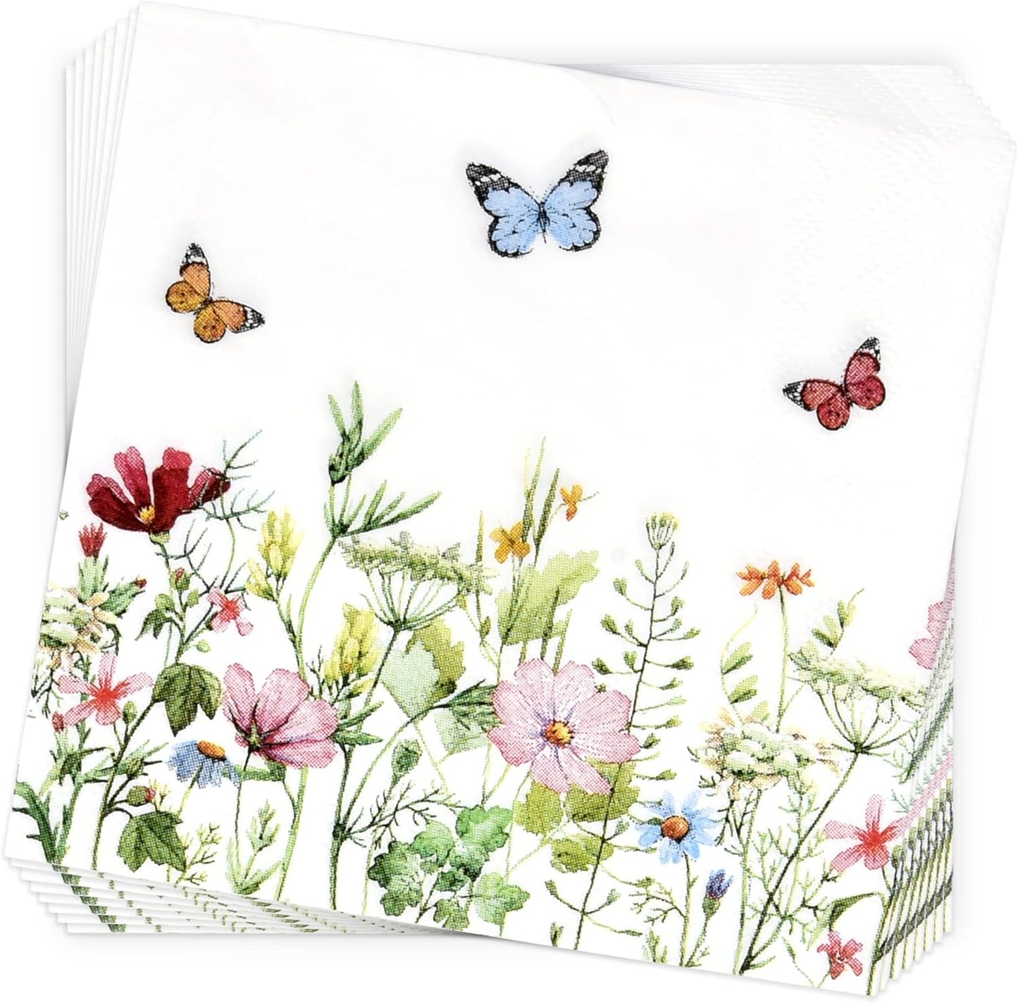 Gift Boutique 100 Pcs Floral Wildflower Cocktail Beverage Napkins Disposable Paper Butterfly Wild Flower Dessert Napkin for Tableware Party Supplies